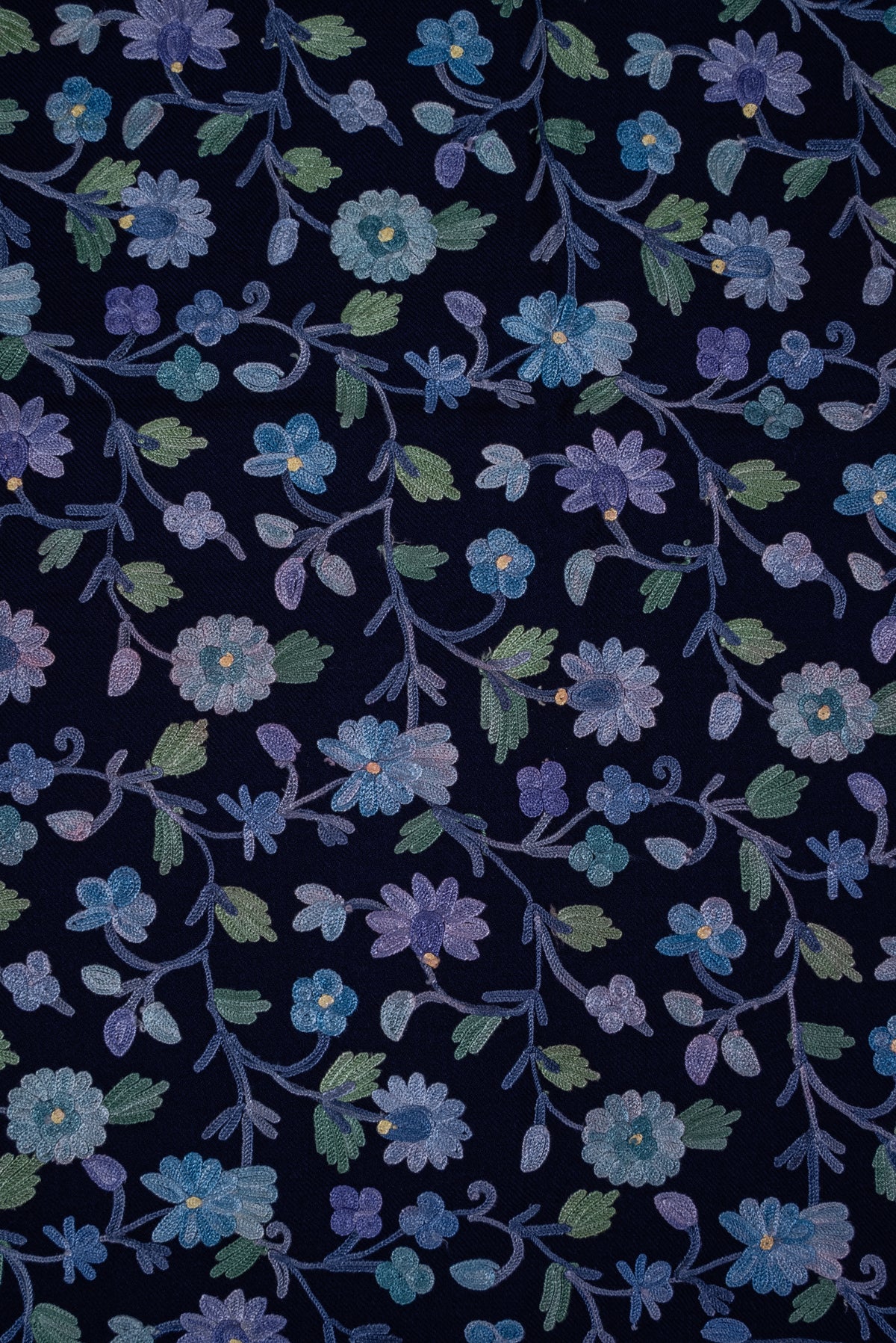 Close-up of the sapphire shawl’s all-over Aari pattern, with pale blue and lavender flowers linked by curling stems