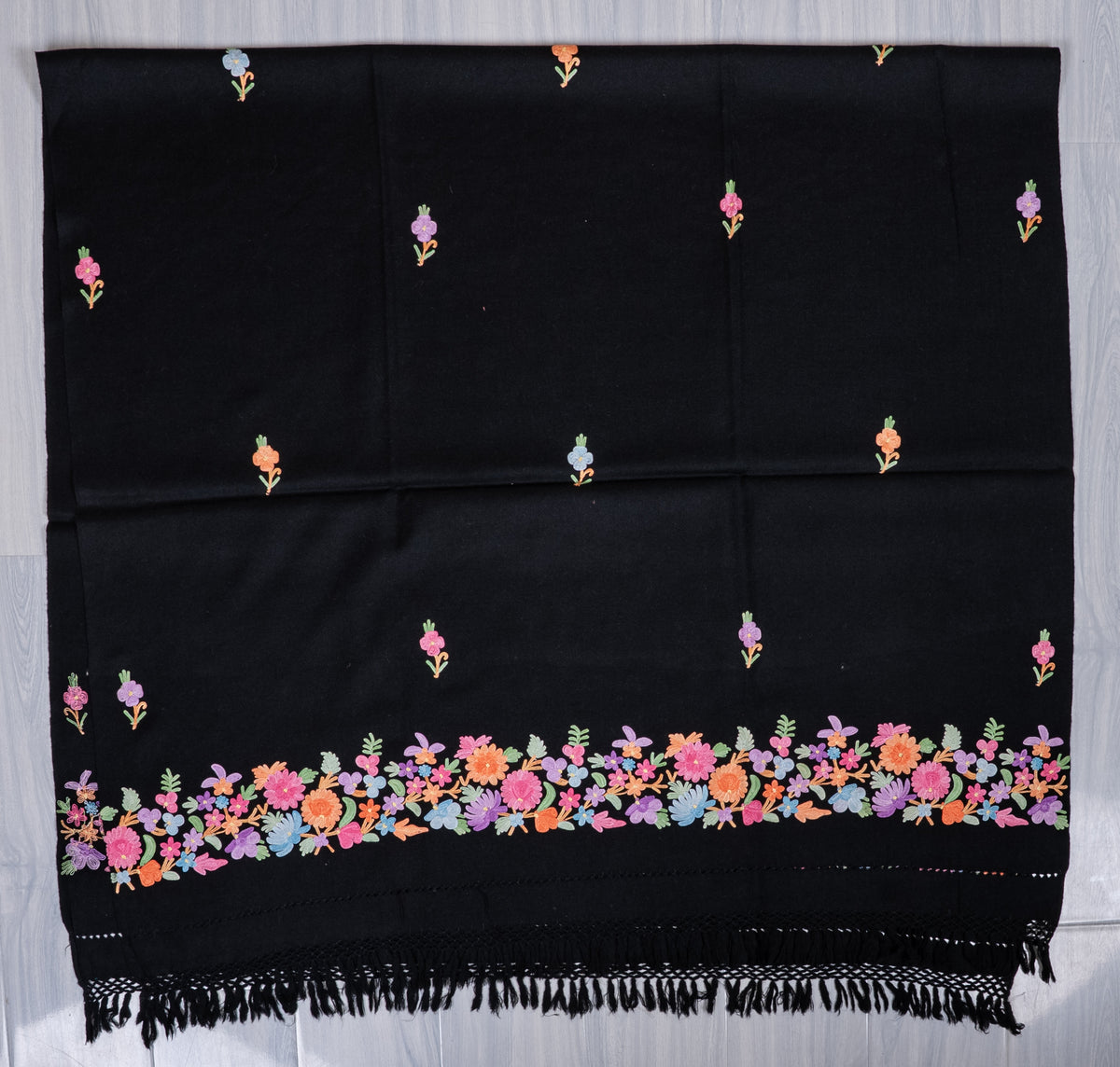 Machine Embroidered Floral Shawl in Black