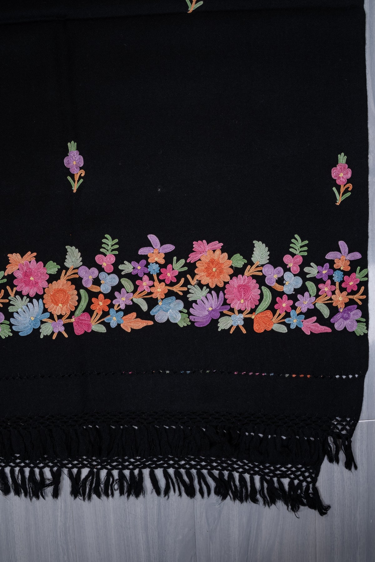 Machine Embroidered Floral Shawl in Black