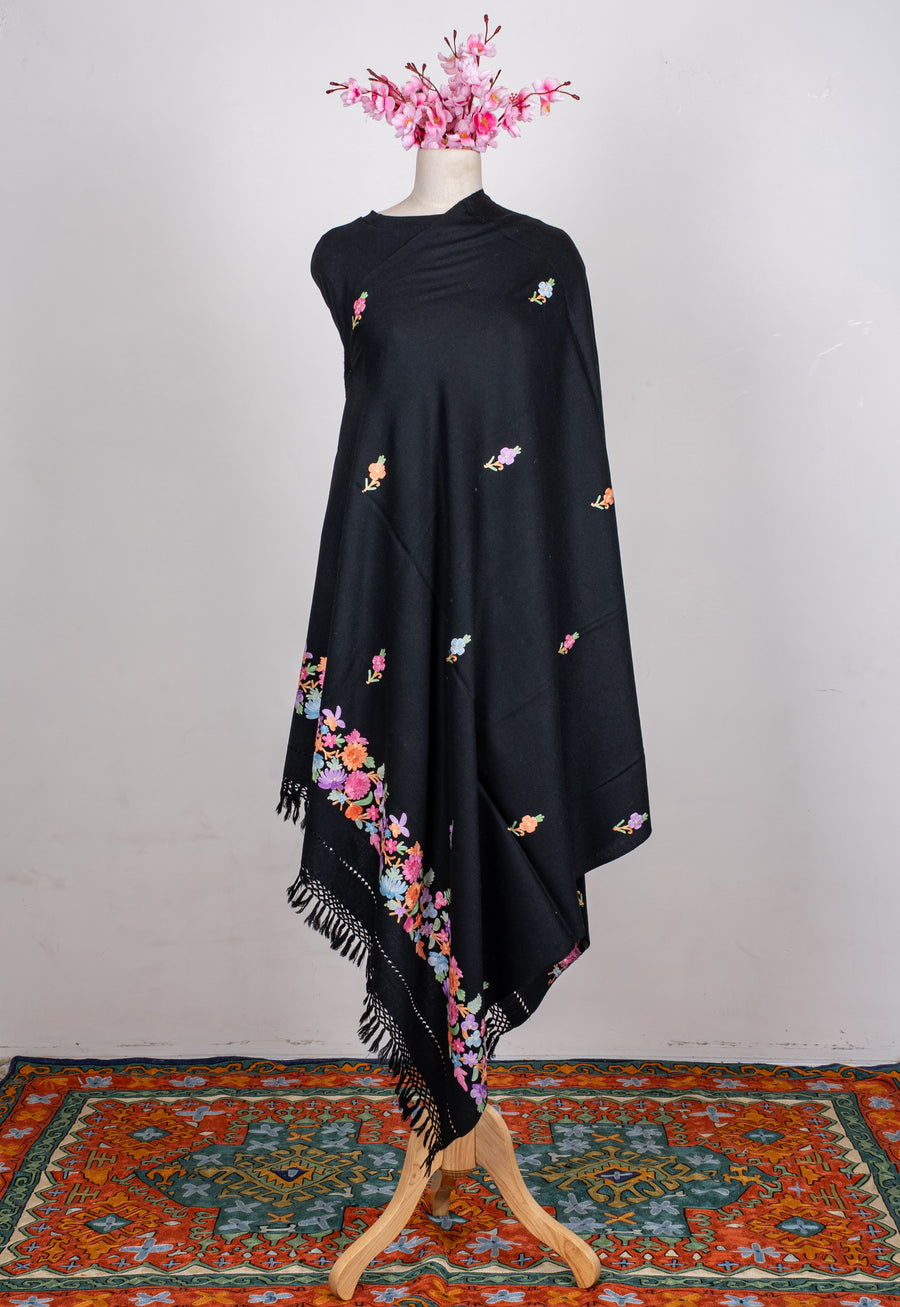 Machine Embroidered Floral Shawl in Black