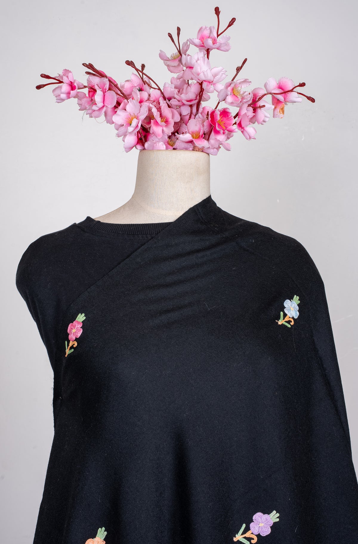 Machine Embroidered Floral Shawl in Black
