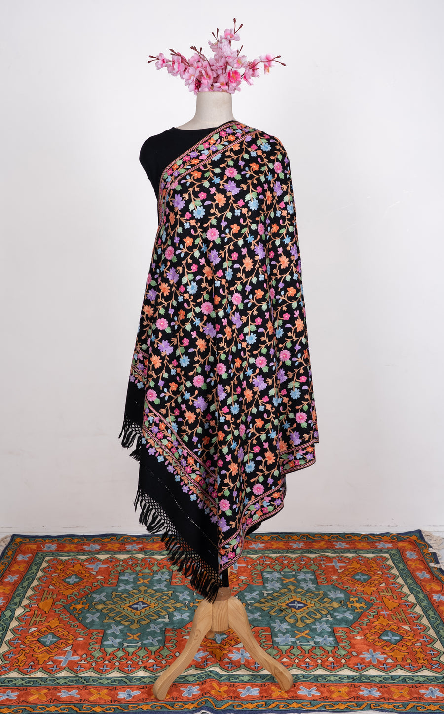 Midnight Wildflower Aari Machine Embroidered Shawl