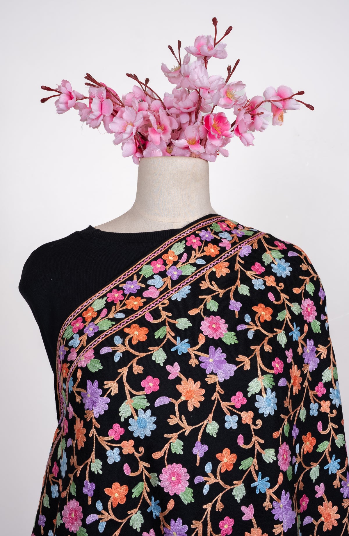 Midnight Wildflower Aari Machine Embroidered Shawl
