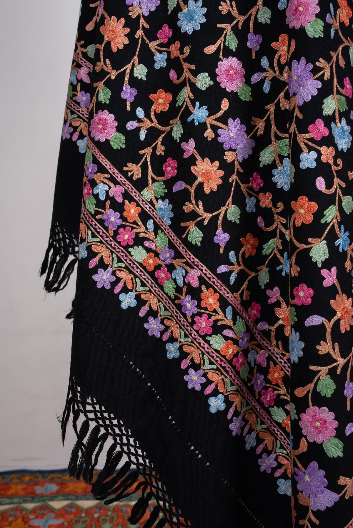 Midnight Wildflower Aari Machine Embroidered Shawl