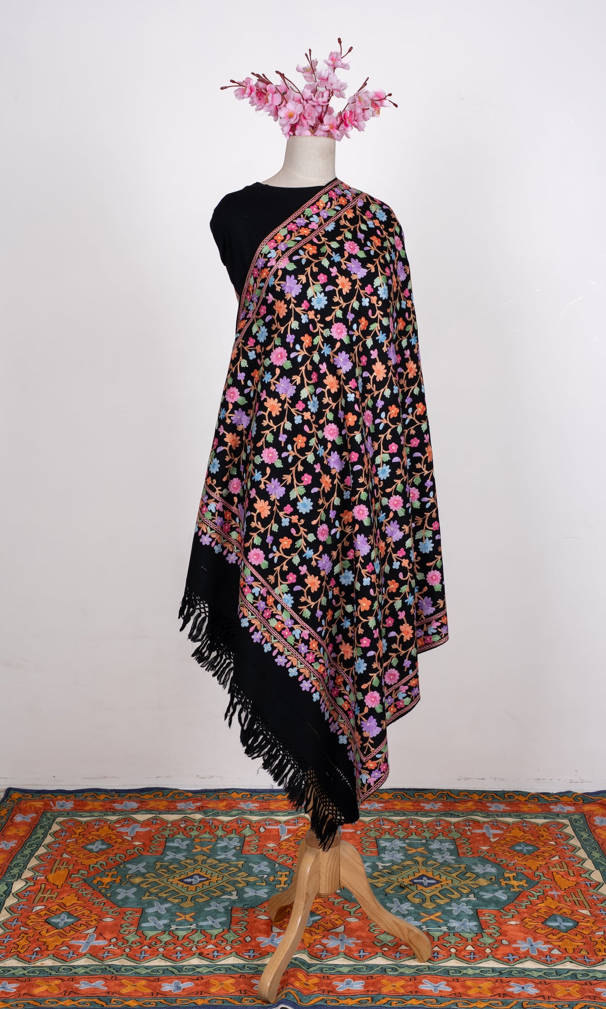 Midnight Wildflower Aari Machine Embroidered Shawl