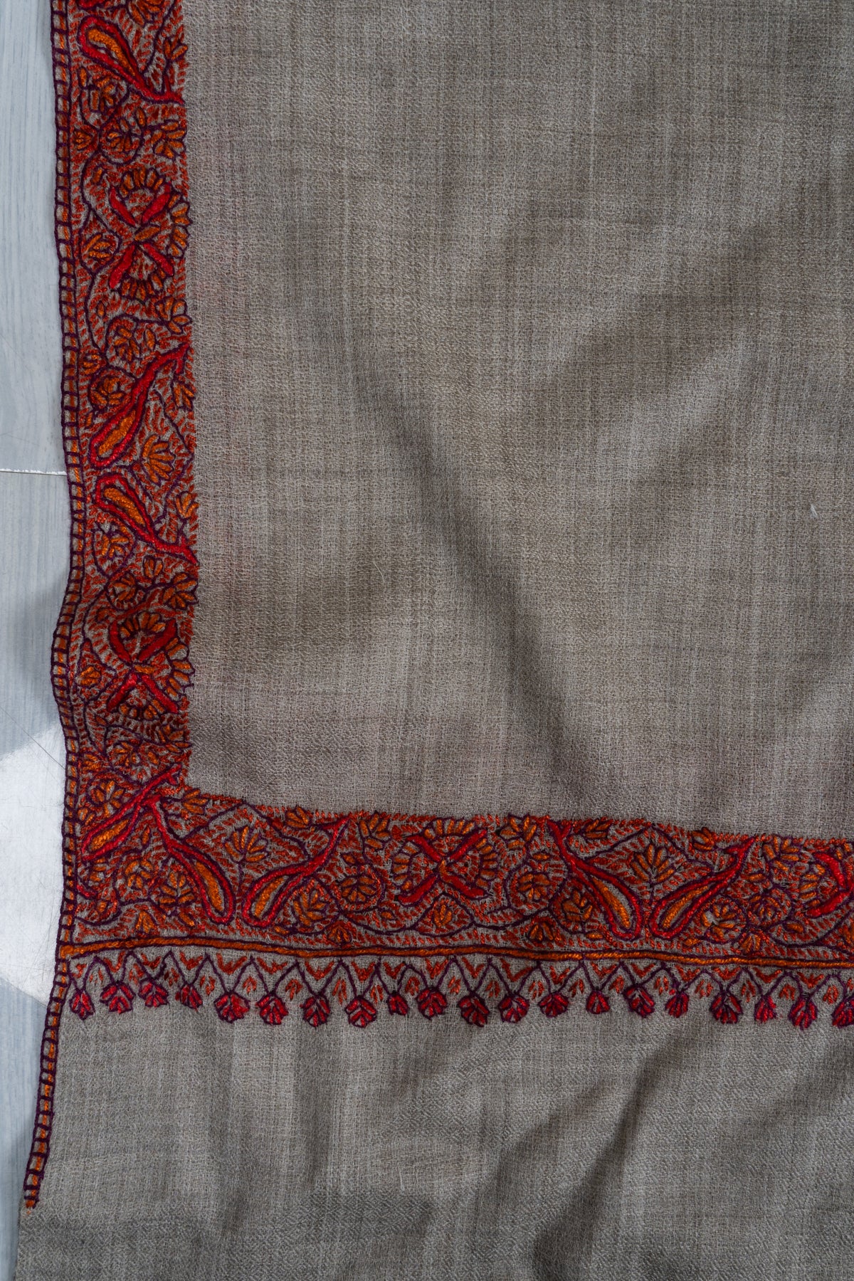 Taupe Classic Merino wool 2.5 Yards Sozni Hand Embroidered Shawl