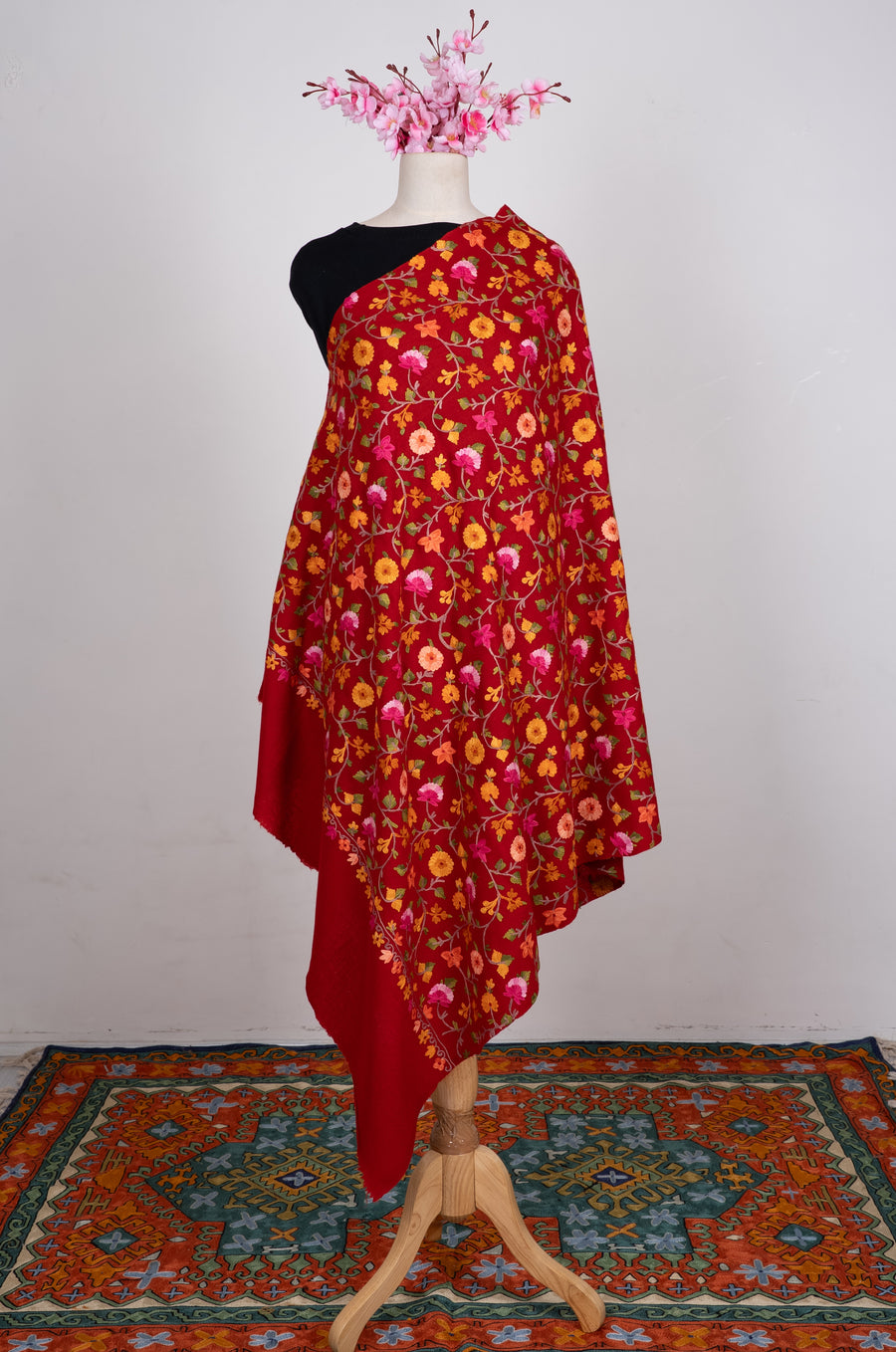 Crimson Wildflower Aari Machine Embroidered Shawl