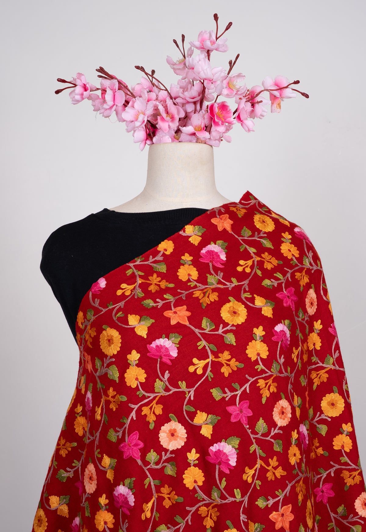 Crimson Wildflower Aari Machine Embroidered Shawl