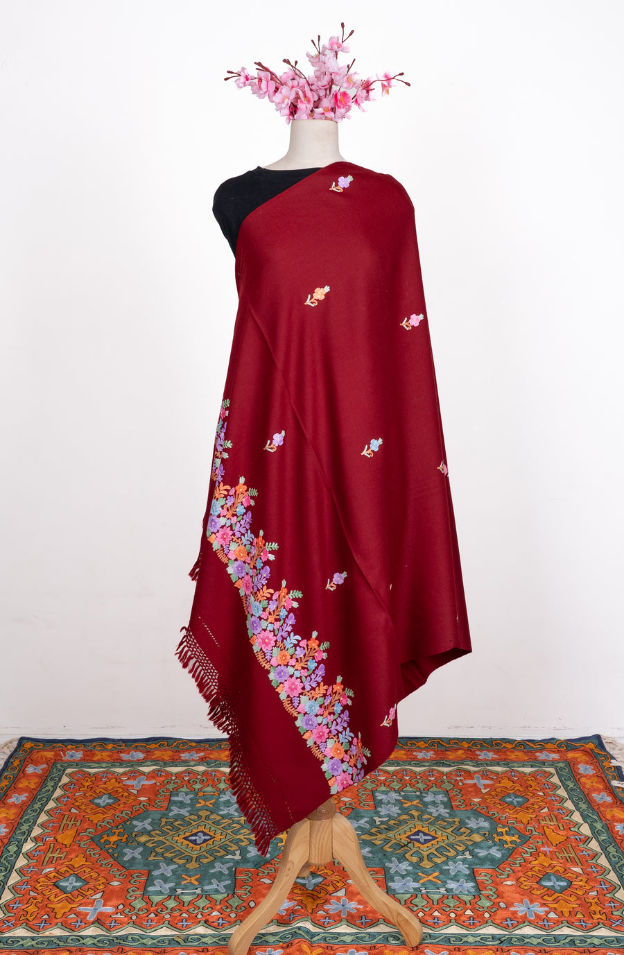 Crimson Blossom Aari Machine Embroidered Shawl