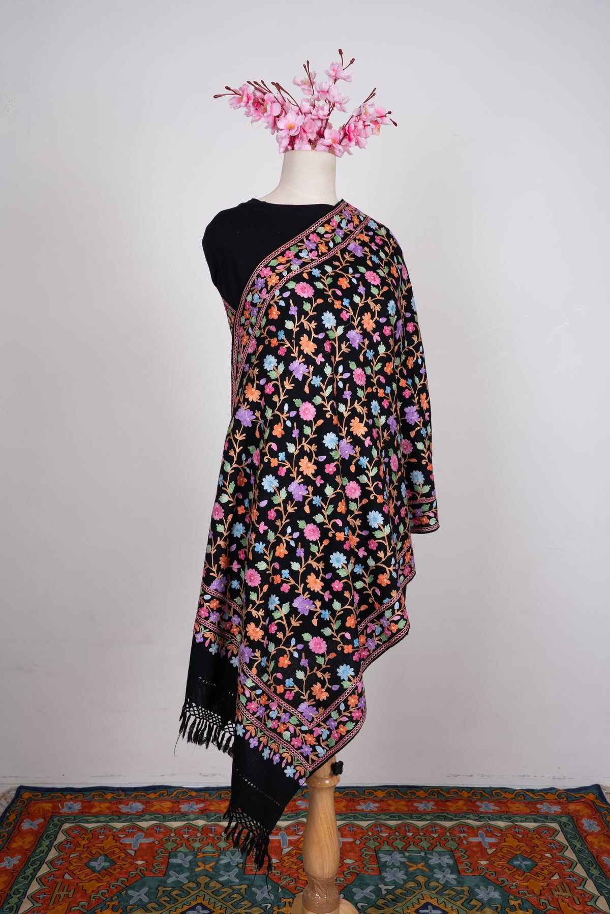 Midnight Botanical Garden Aari Machine Embroidered Shawl