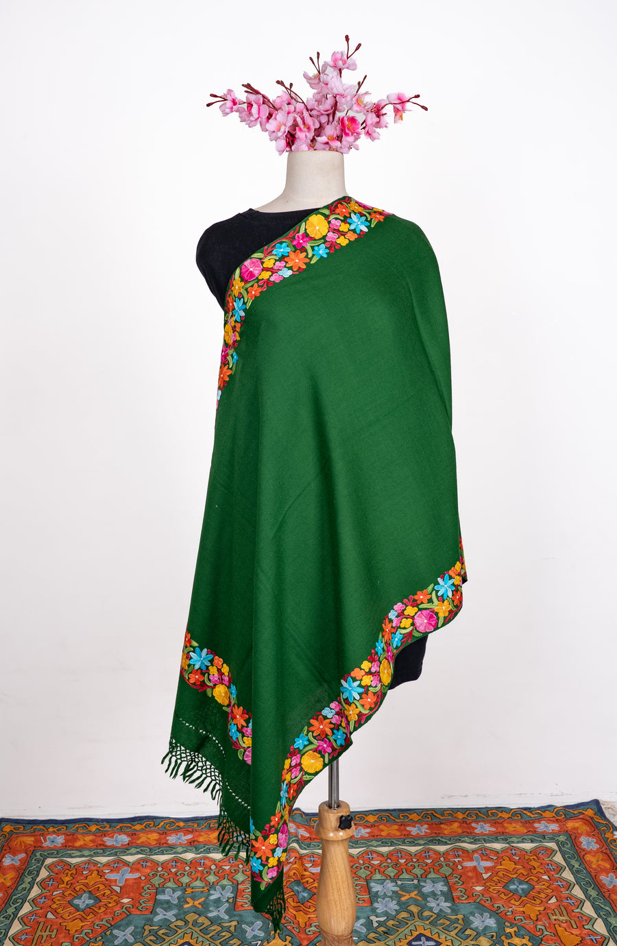 Emerald Bloom Aari Machine Embroidered Shawl