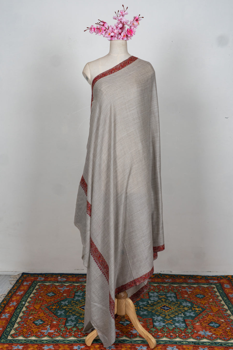 Taupe Classic Merino wool 2.5 Yards Sozni Hand Embroidered Shawl