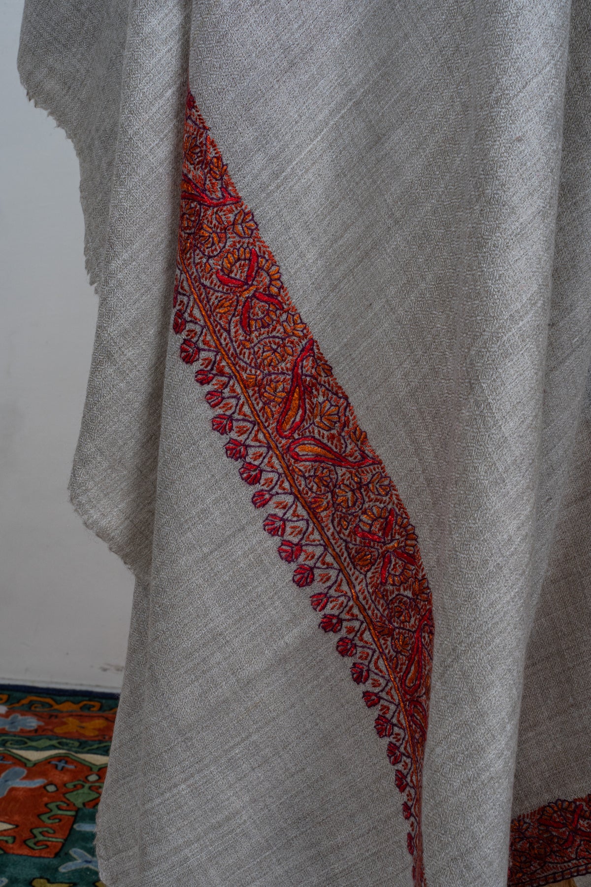Taupe Classic Merino wool 2.5 Yards Sozni Hand Embroidered Shawl