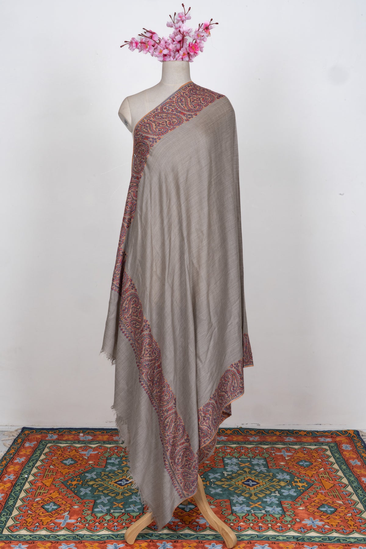 Earthstone Elegance Merino wool 2.5 Yards Sozni Hand Embroidered Shawl