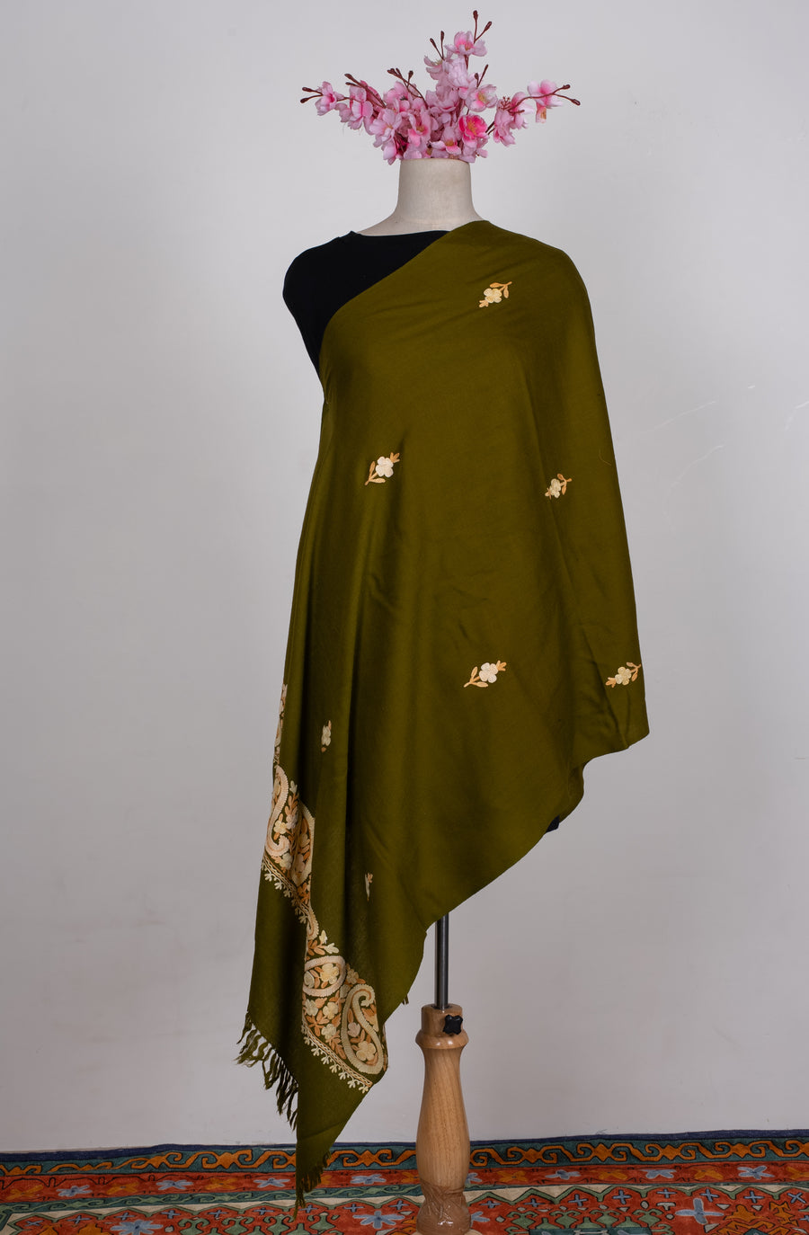 Machine Embroidered Scarf in Olive Green with Paisley Border Embroidery