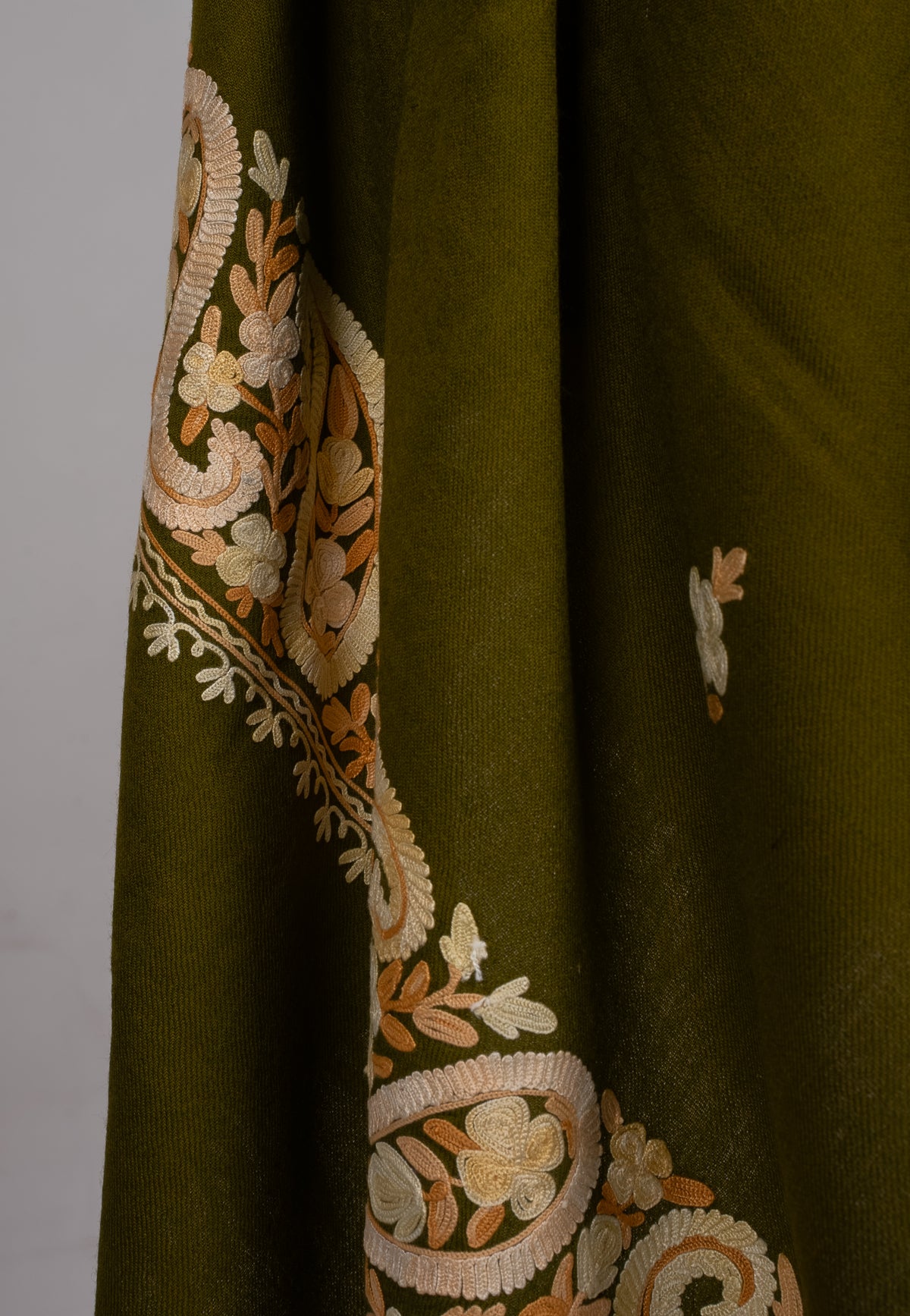 Machine Embroidered Scarf in Olive Green with Paisley Border Embroidery