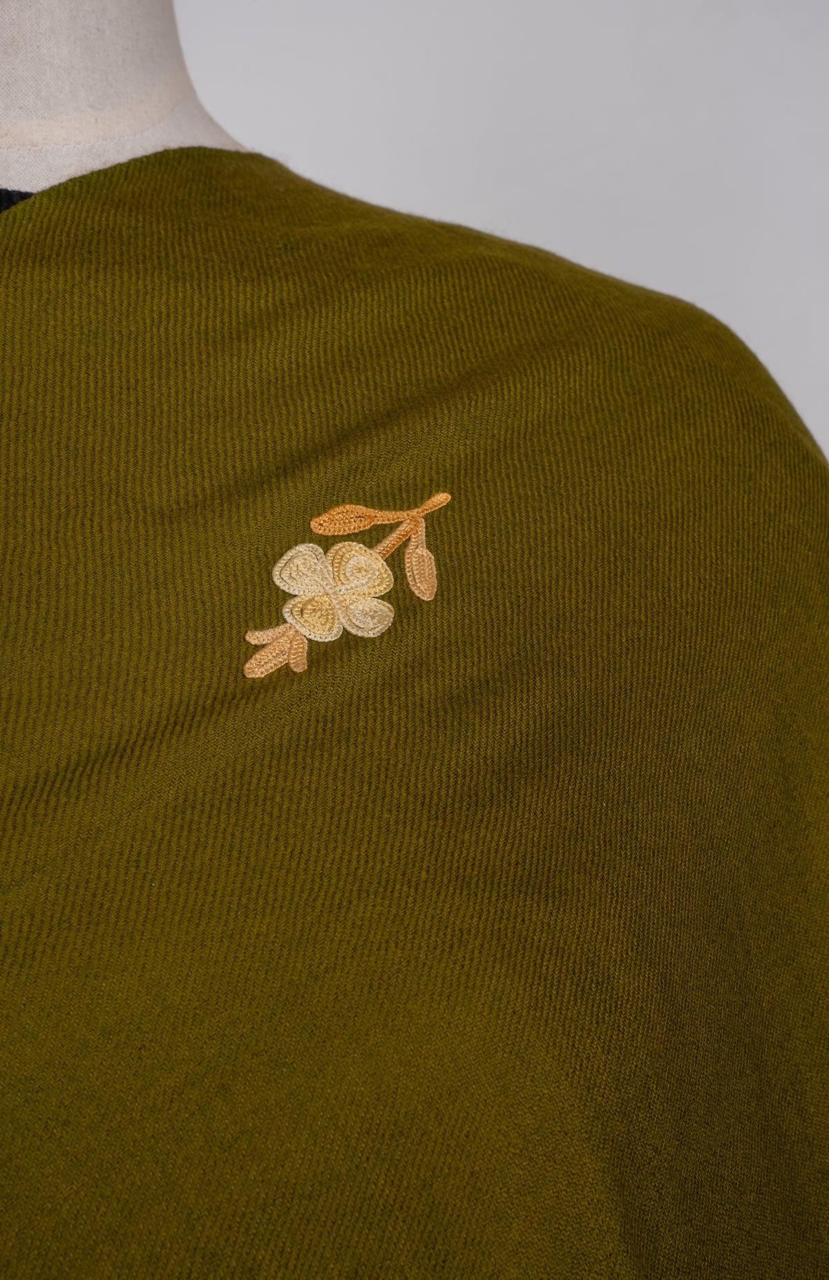 Machine Embroidered Scarf in Olive Green with Paisley Border Embroidery