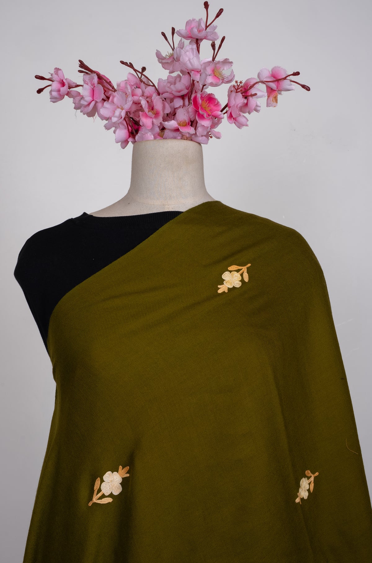 Machine Embroidered Scarf in Olive Green with Paisley Border Embroidery