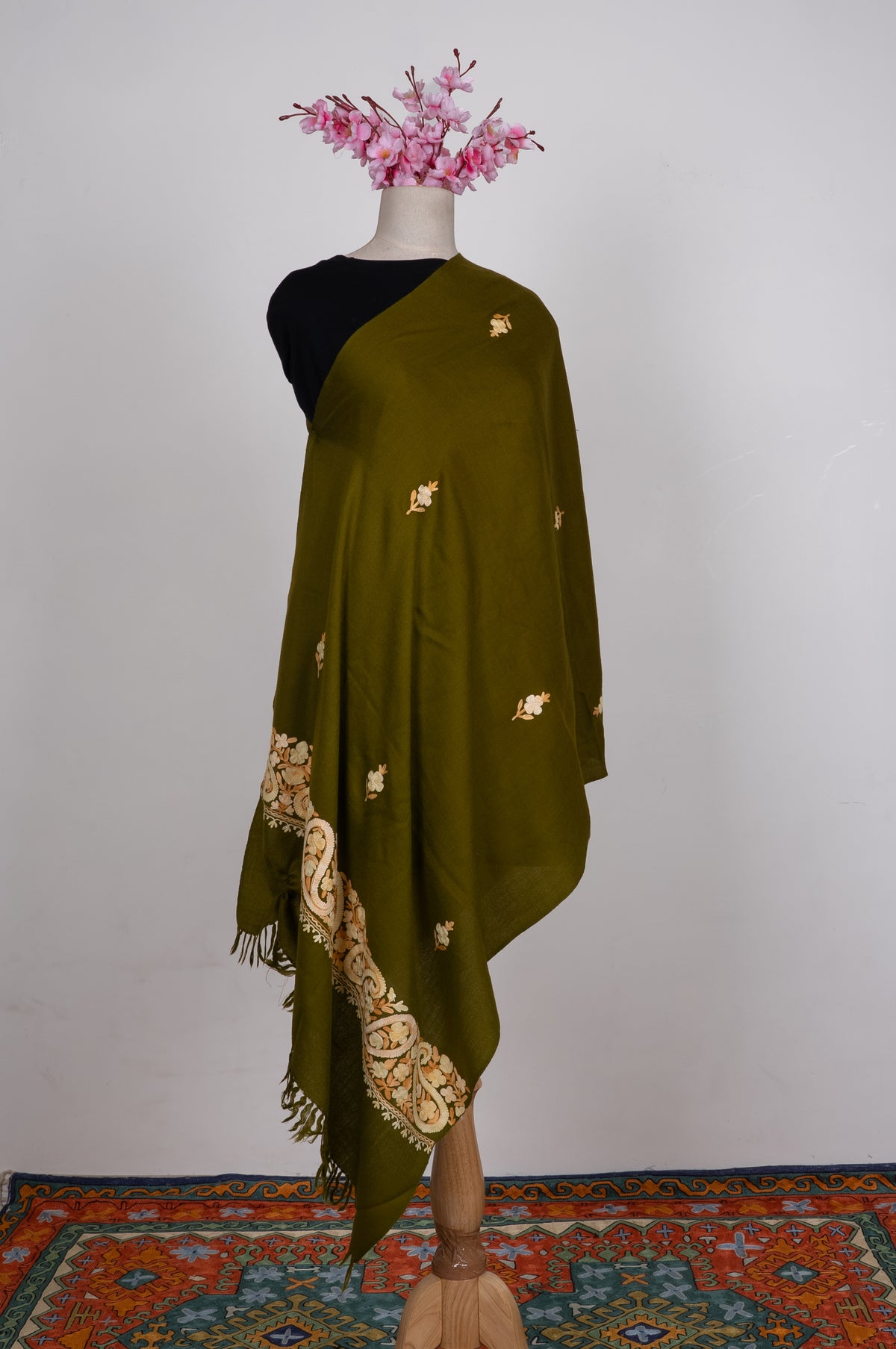 Machine Embroidered Scarf in Olive Green with Paisley Border Embroidery