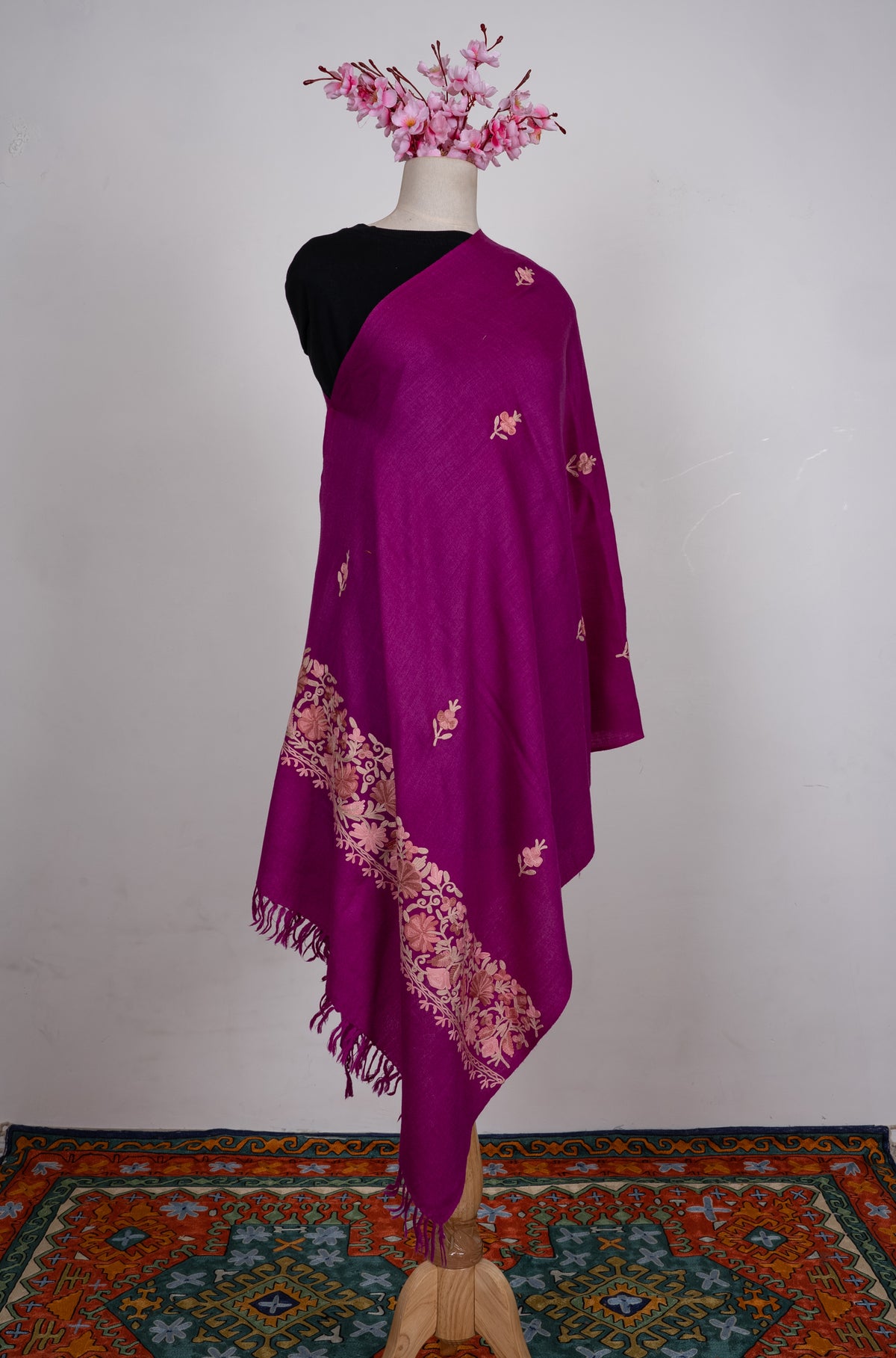 Machine Embroidered Scarf in Fuchsia with Floral Border Embroidery