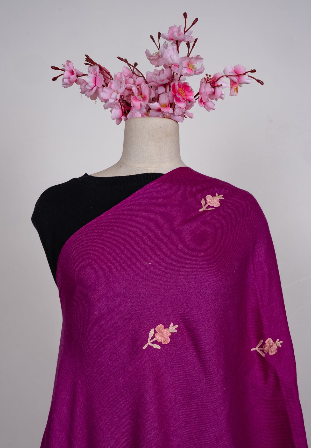 Machine Embroidered Scarf in Fuchsia with Floral Border Embroidery