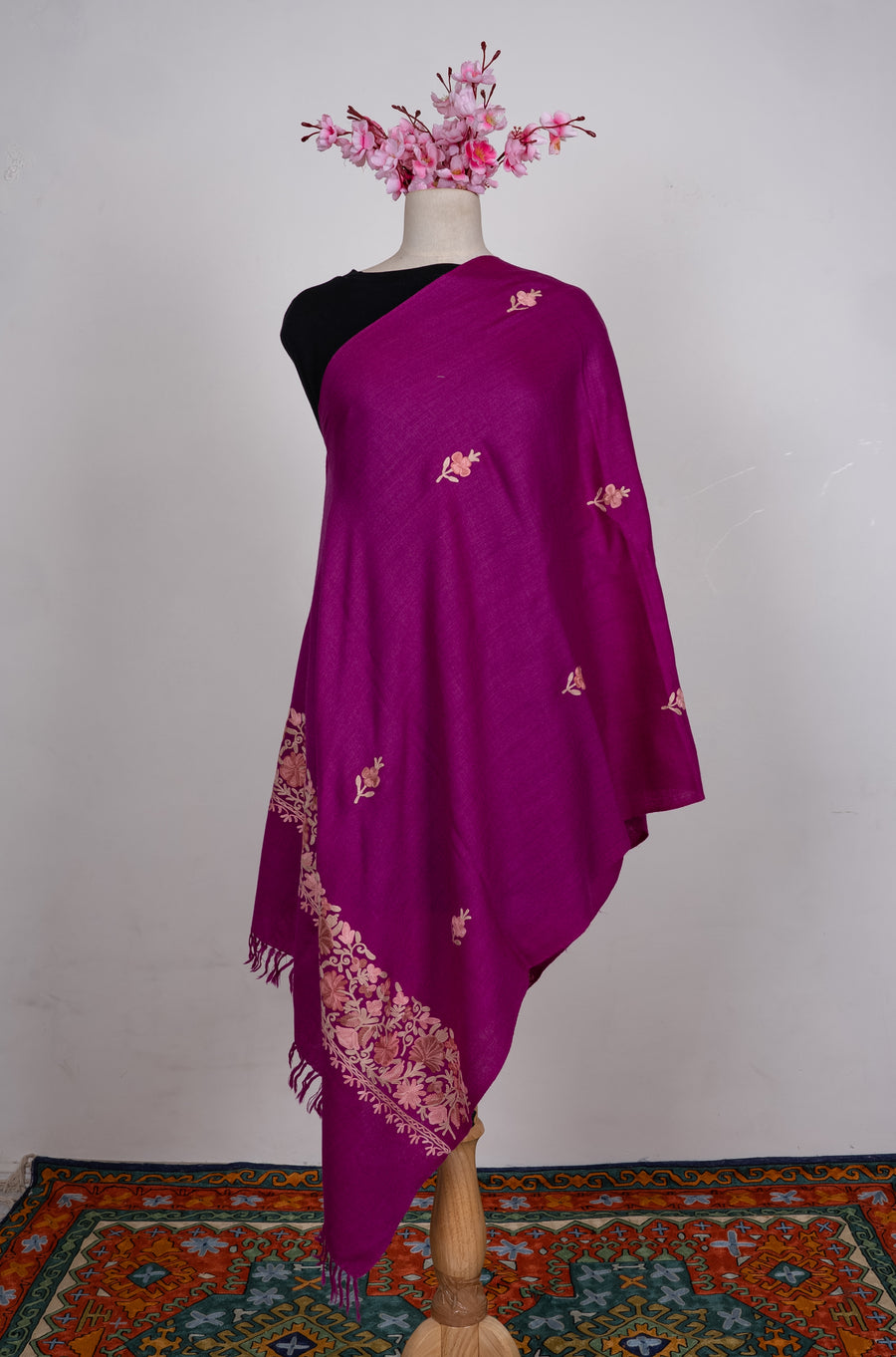 Machine Embroidered Scarf in Fuchsia with Floral Border Embroidery