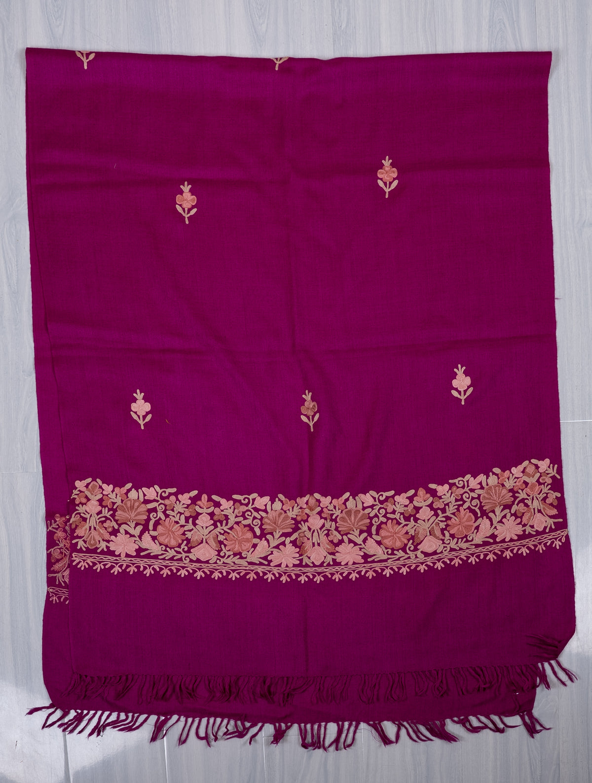 Machine Embroidered Scarf in Fuchsia with Floral Border Embroidery