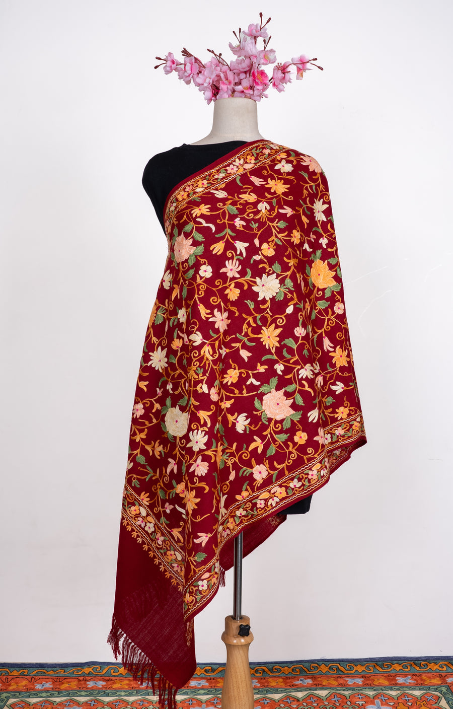 Machine Embroidered wrap in Maroon with Kashmiri Floral Vine Embroider