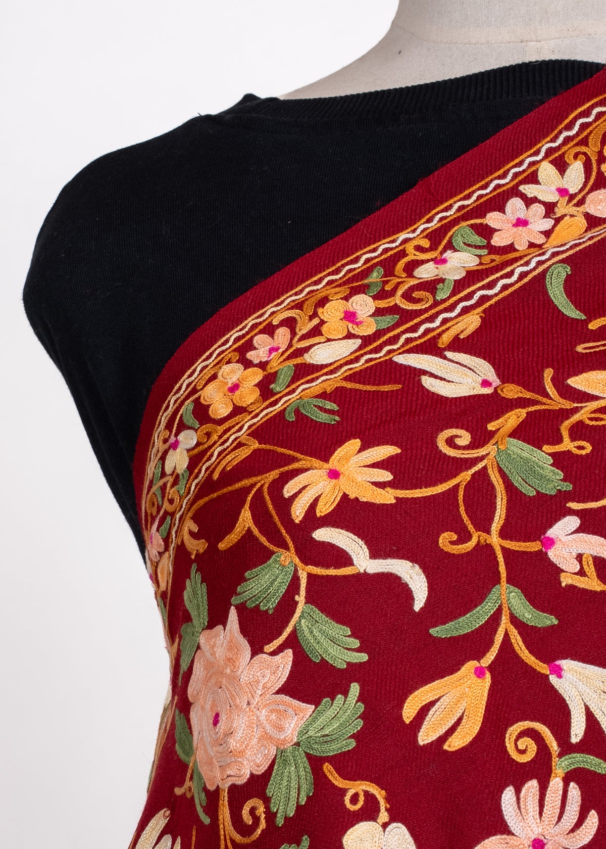 Machine Embroidered wrap in Maroon with Kashmiri Floral Vine Embroider