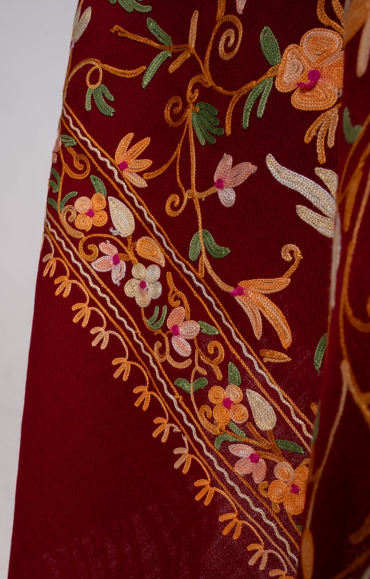 Machine Embroidered wrap in Maroon with Kashmiri Floral Vine Embroider