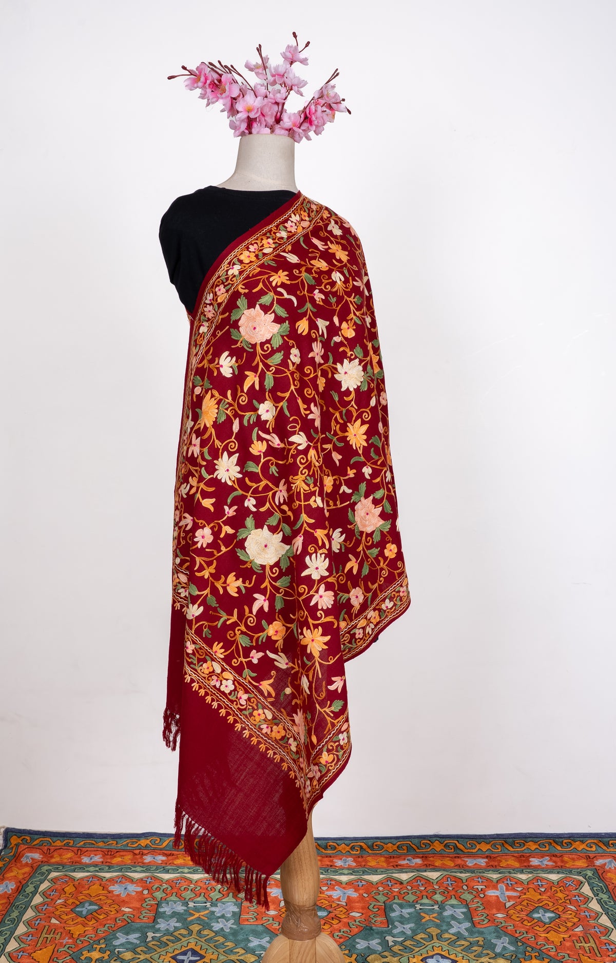 Machine Embroidered wrap in Maroon with Kashmiri Floral Vine Embroider
