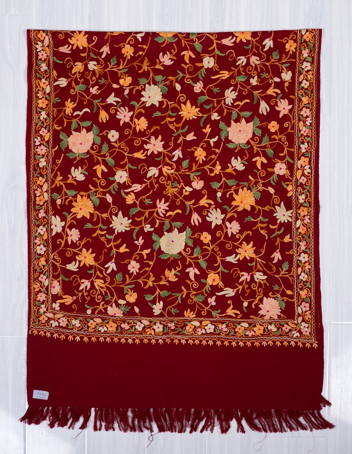 Machine Embroidered wrap in Maroon with Kashmiri Floral Vine Embroider
