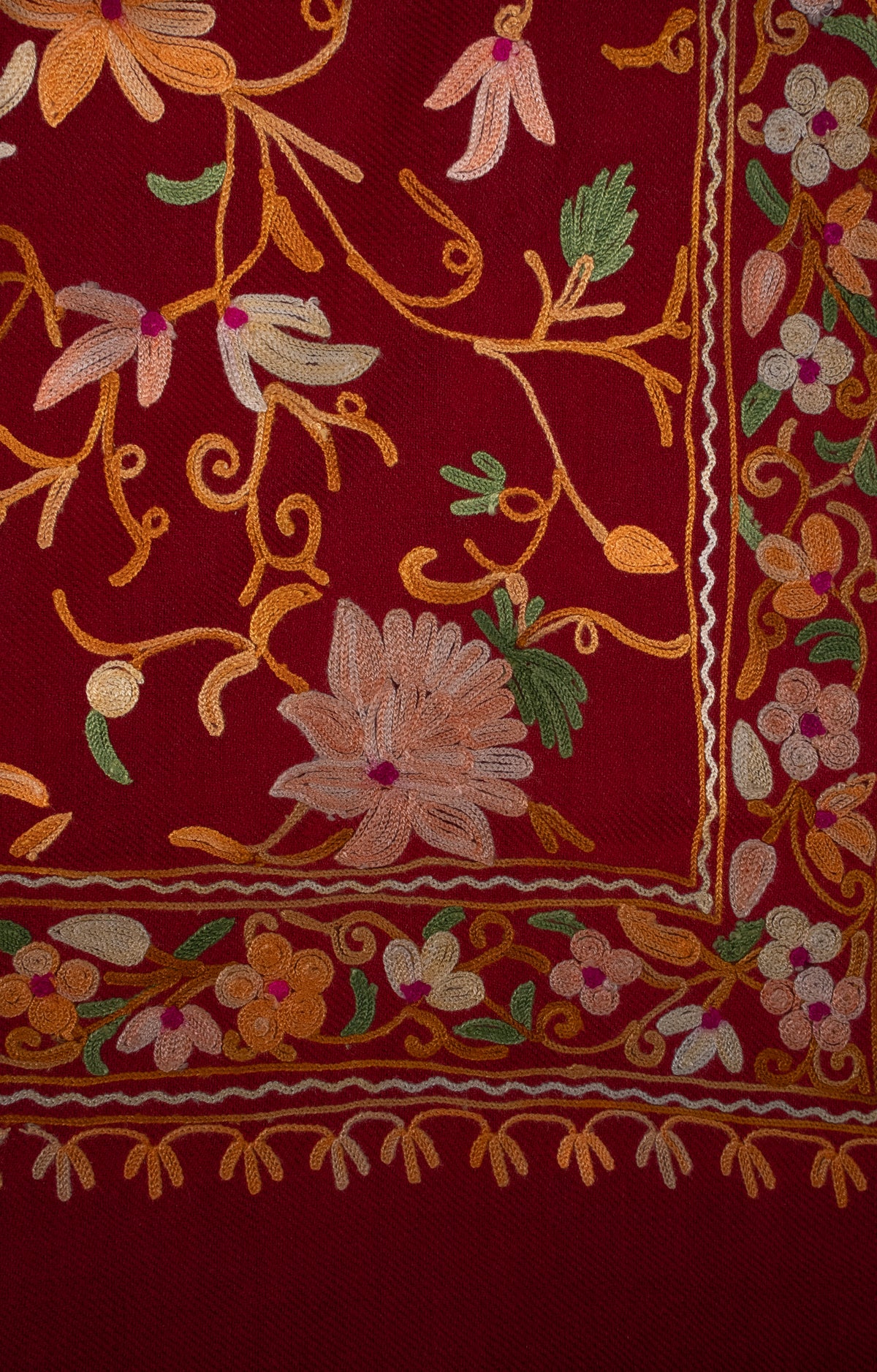 Machine Embroidered wrap in Maroon with Kashmiri Floral Vine Embroider