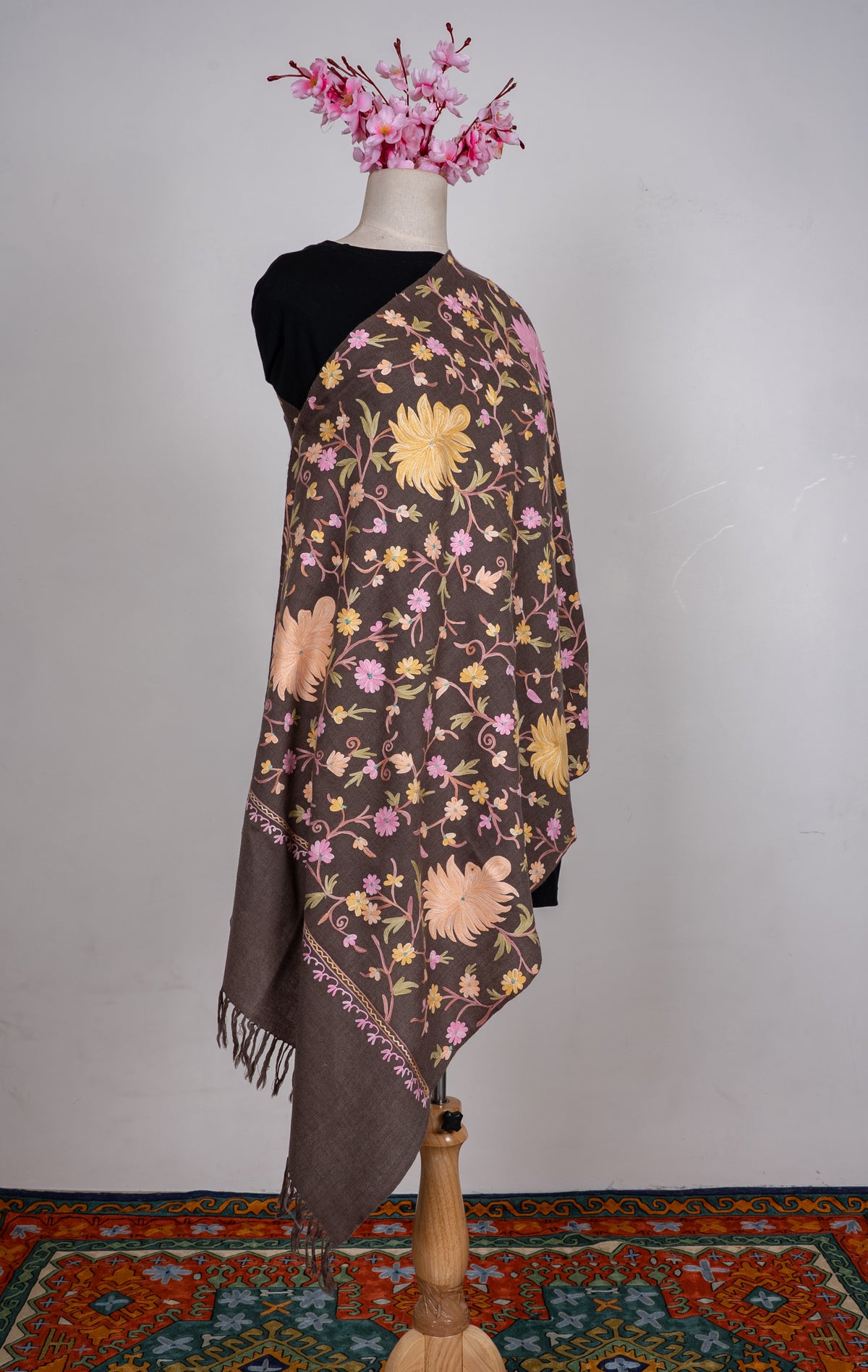 Machine Embroidered Scarf in Brown with All-Over Floral Embroidery