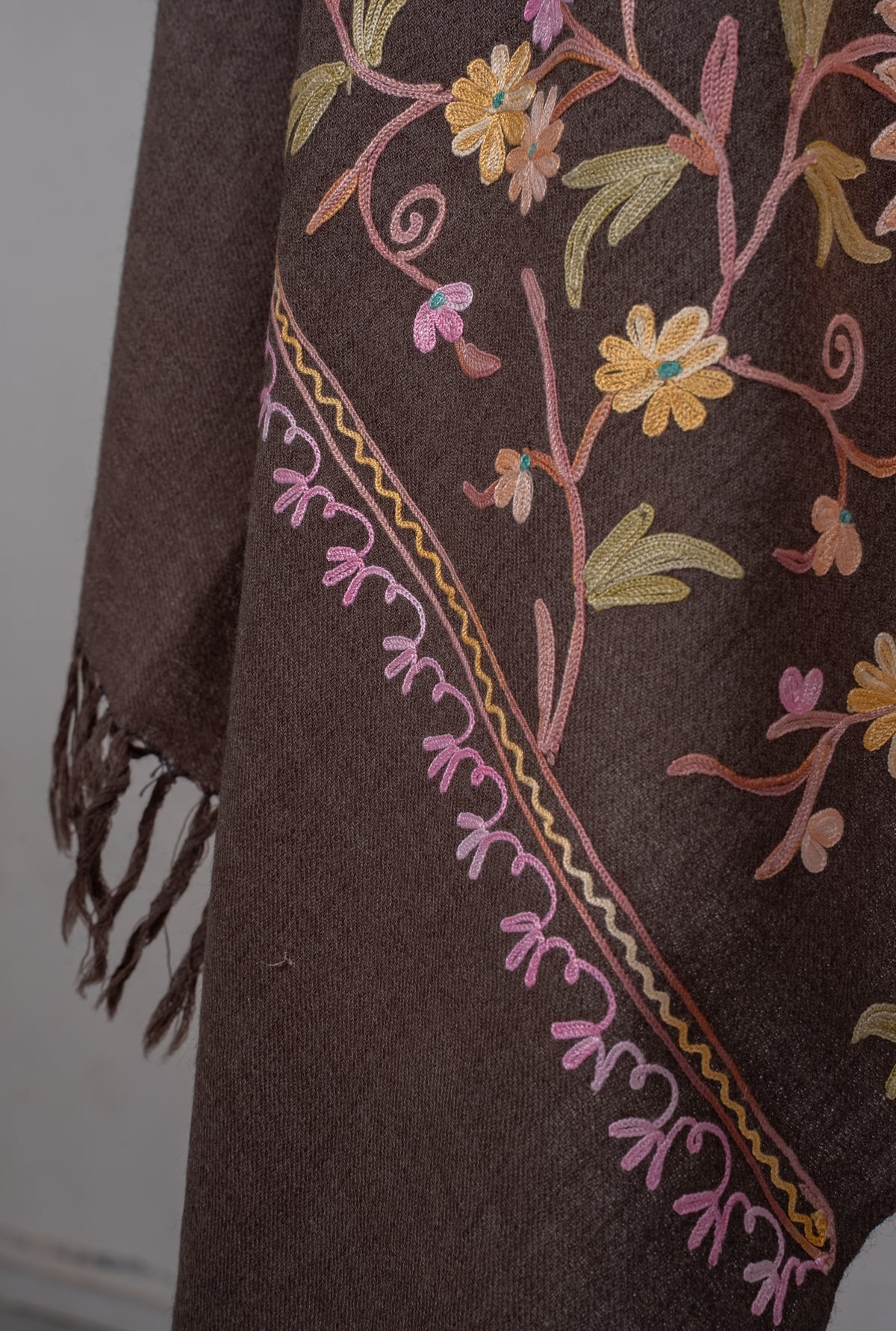 Machine Embroidered Scarf in Brown with All-Over Floral Embroidery