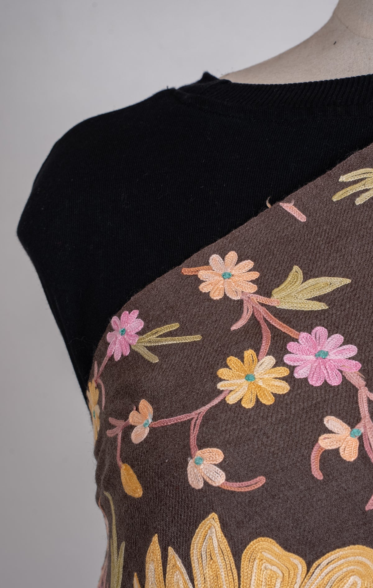 Machine Embroidered Scarf in Brown with All-Over Floral Embroidery