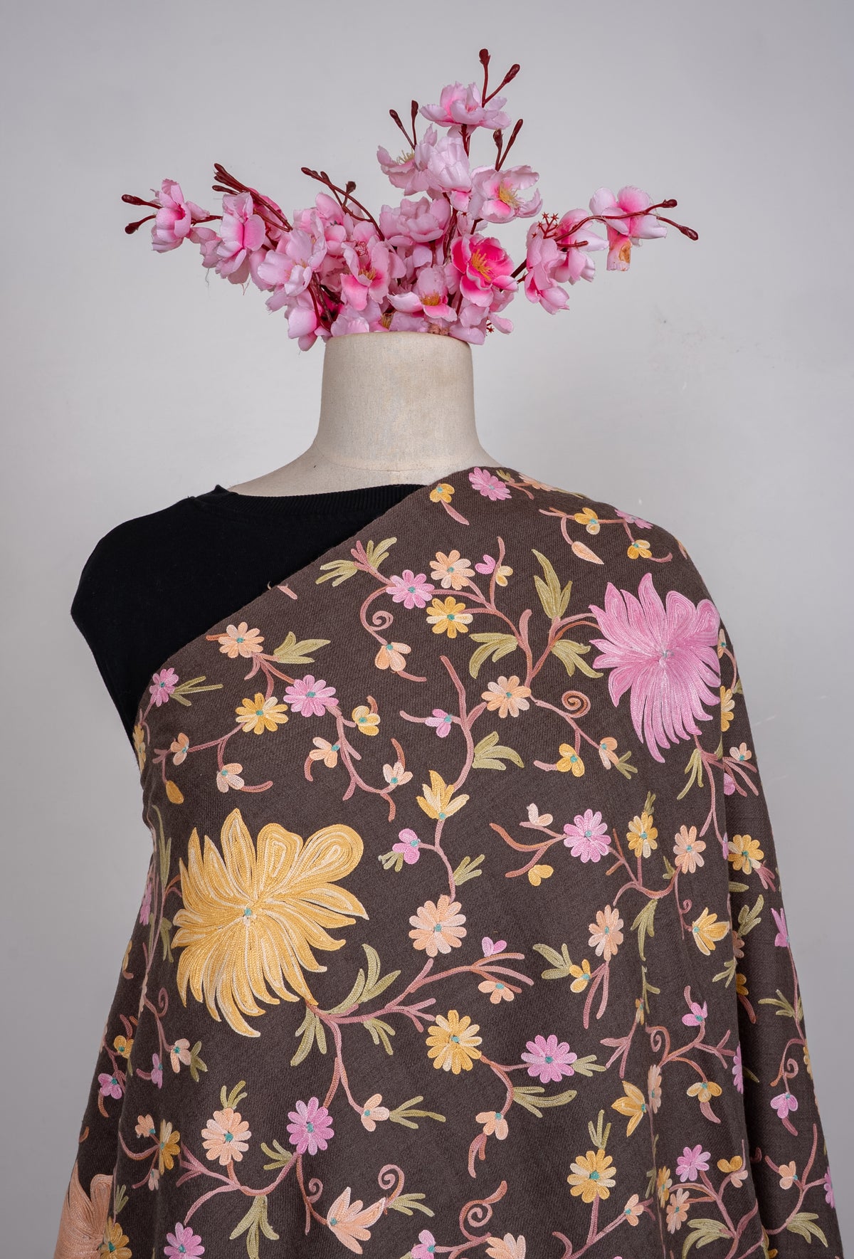 Machine Embroidered Scarf in Brown with All-Over Floral Embroidery