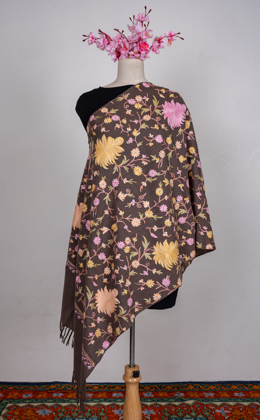 Machine Embroidered Scarf in Brown with All-Over Floral Embroidery