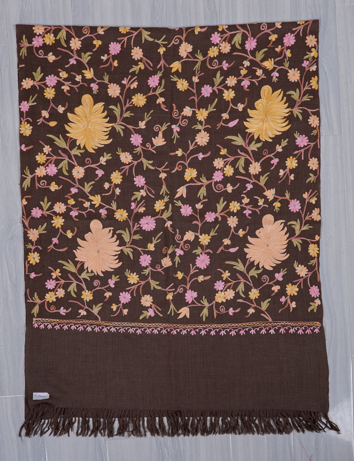 Machine Embroidered Scarf in Brown with All-Over Floral Embroidery