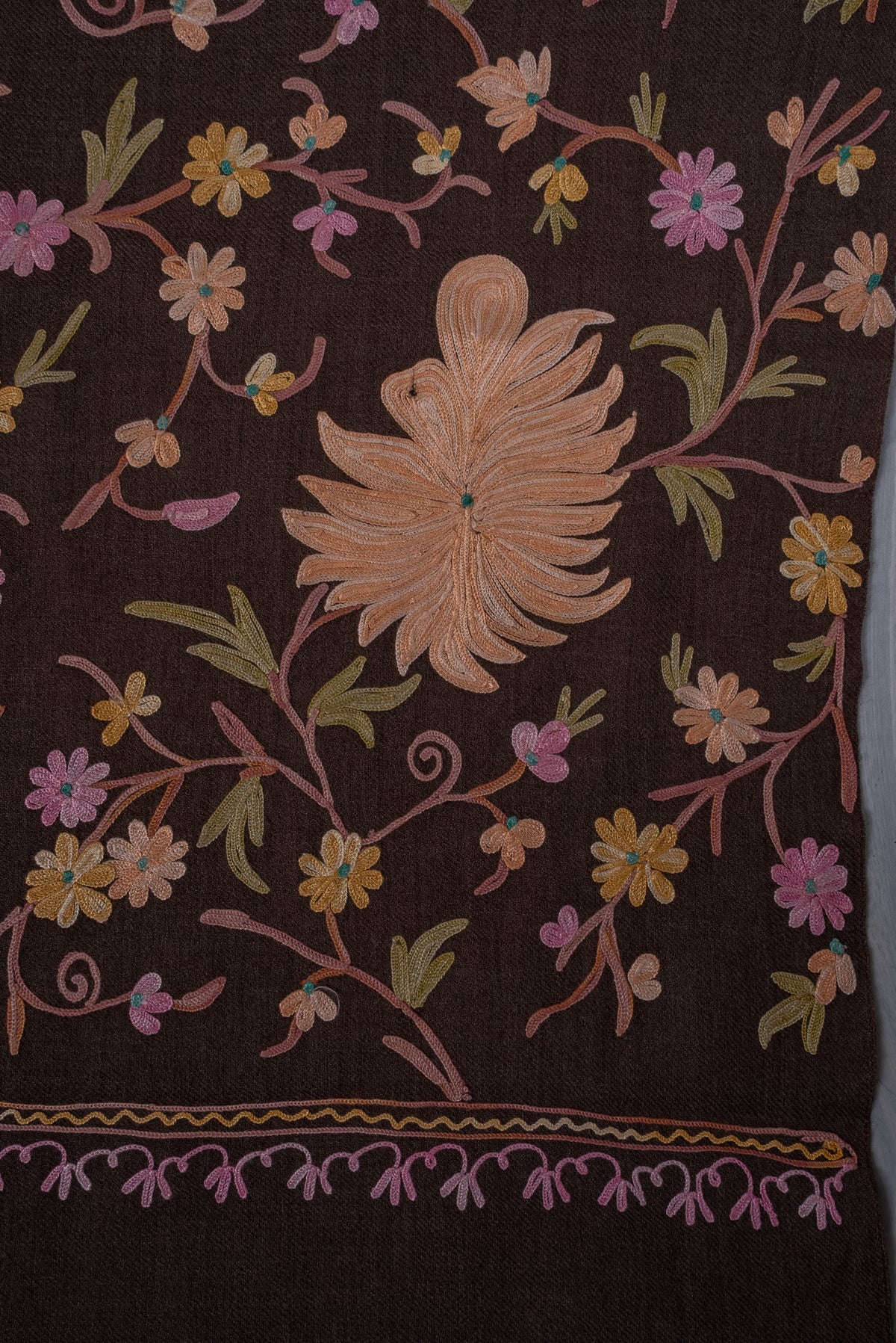 Machine Embroidered Scarf in Brown with All-Over Floral Embroidery