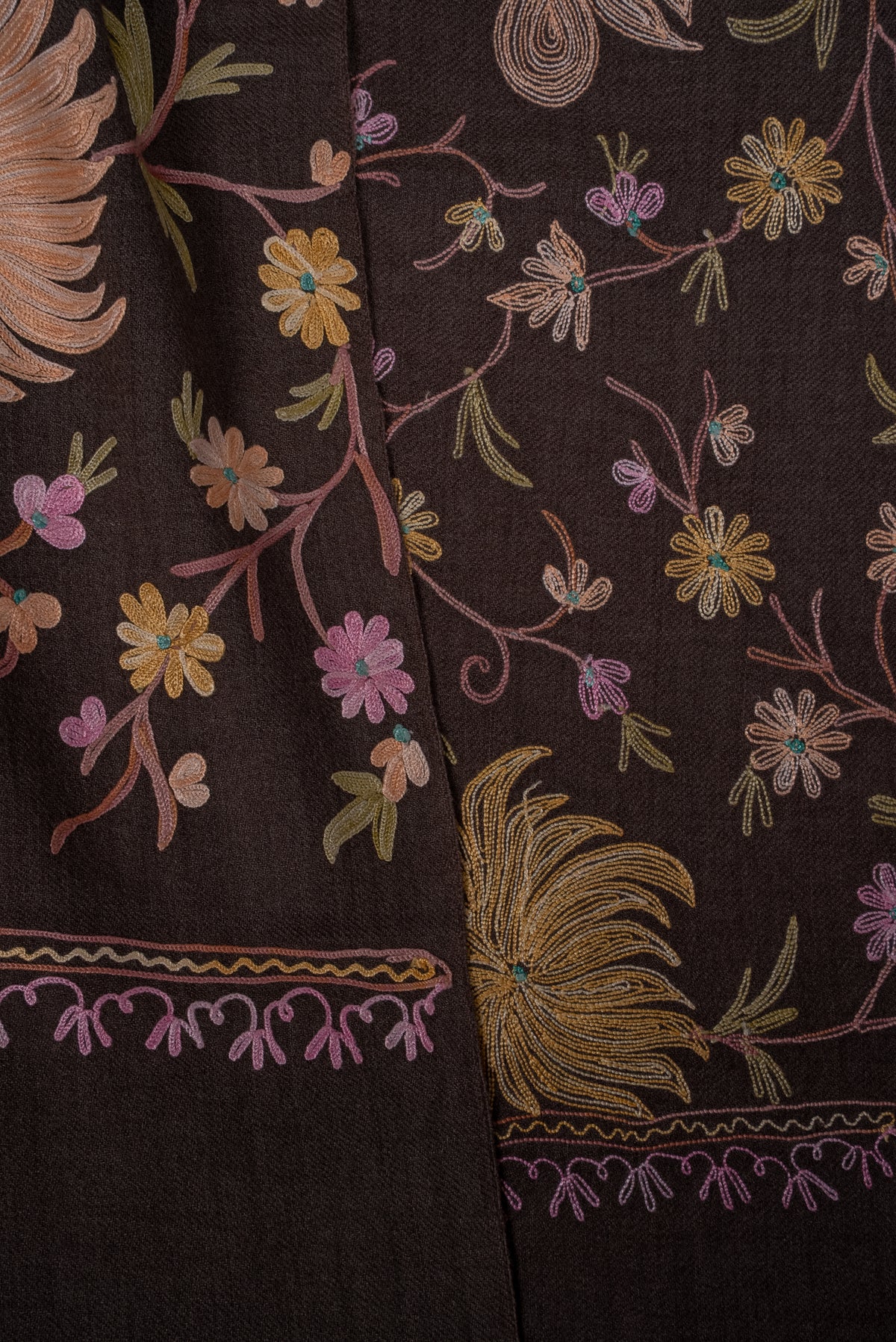 Machine Embroidered Scarf in Brown with All-Over Floral Embroidery