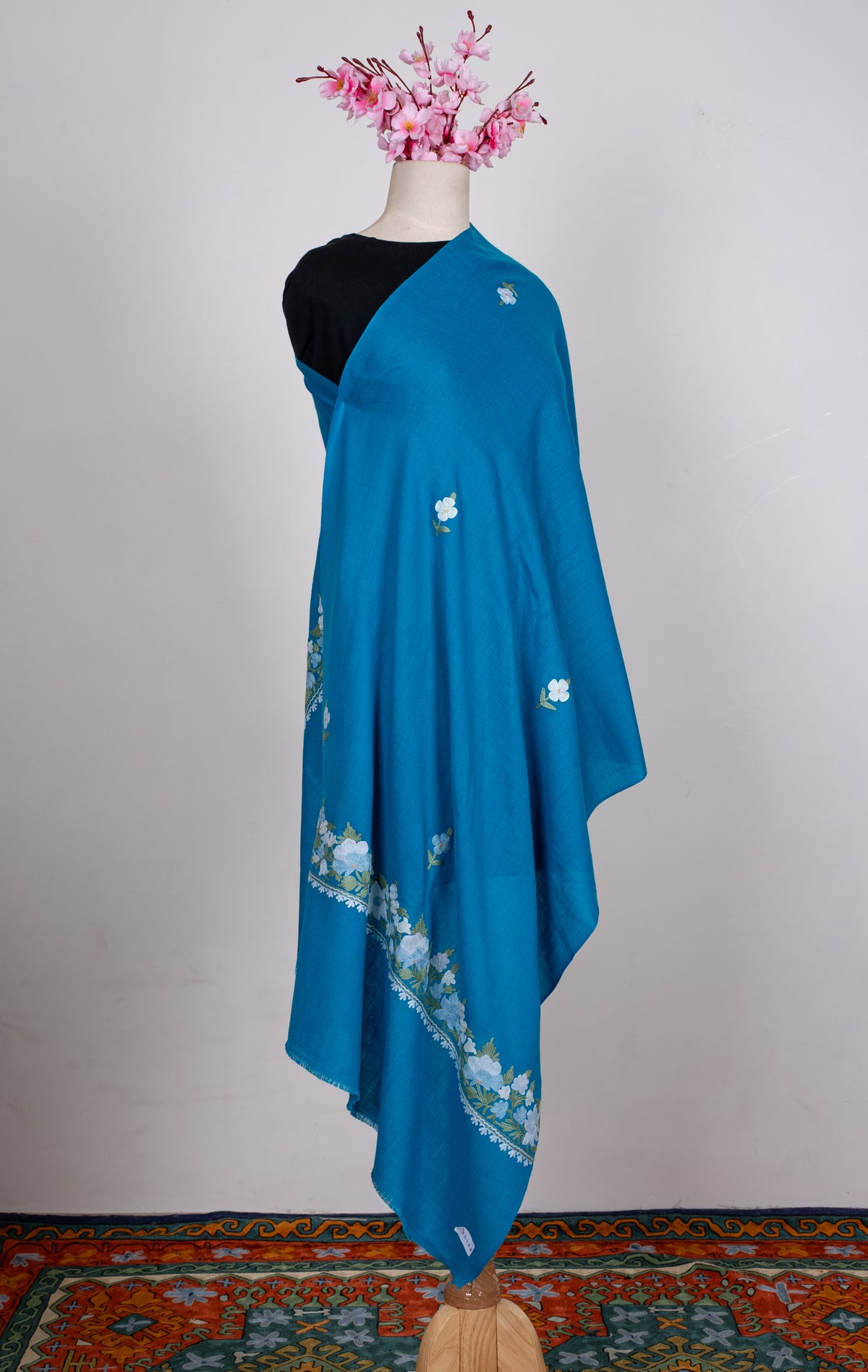 Machine Embroidered Scarf in Turquoise Blue with Floral Border Embroidery