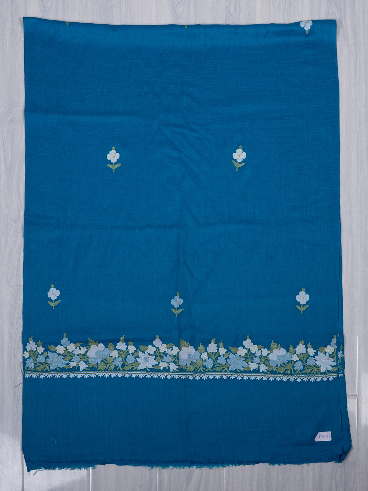 Machine Embroidered Scarf in Turquoise Blue with Floral Border Embroidery