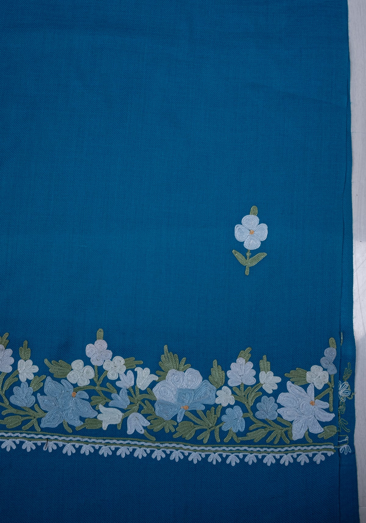 Machine Embroidered Scarf in Turquoise Blue with Floral Border Embroidery