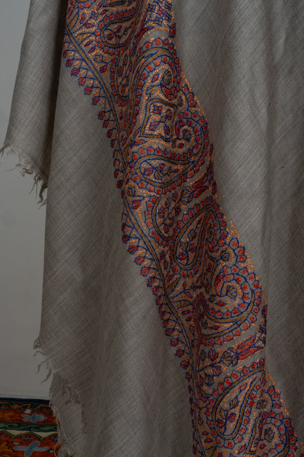 Earthstone Elegance Merino wool 2.5 Yards Sozni Hand Embroidered Shawl
