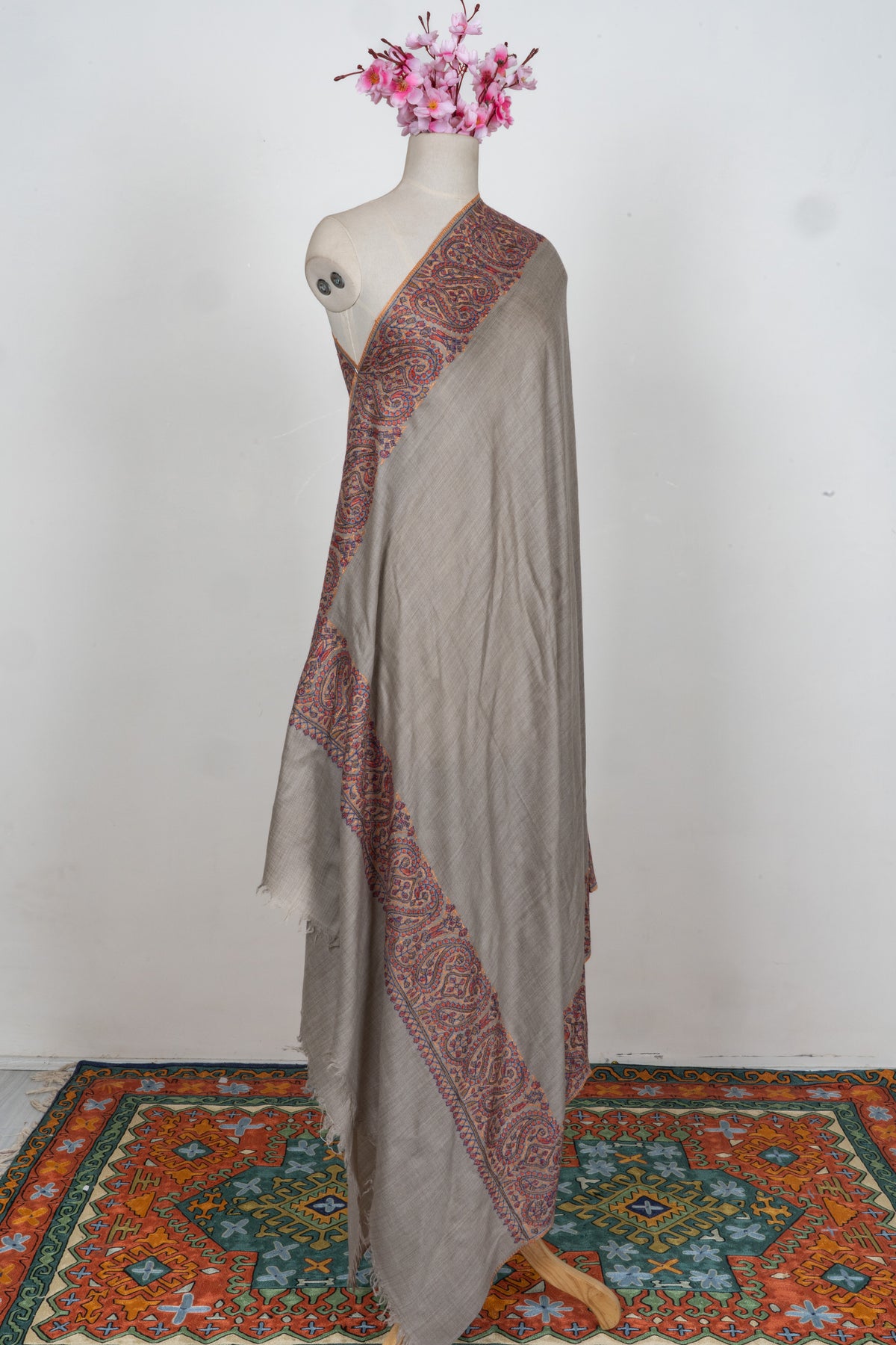 Earthstone Elegance Merino wool 2.5 Yards Sozni Hand Embroidered Shawl