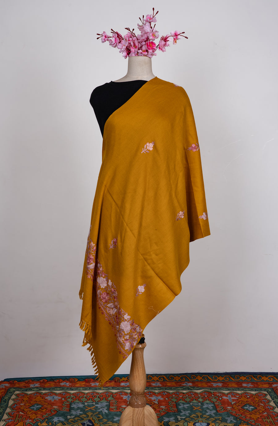 Machine Embroidered Scarf in Mustard with Floral Border Embroidery