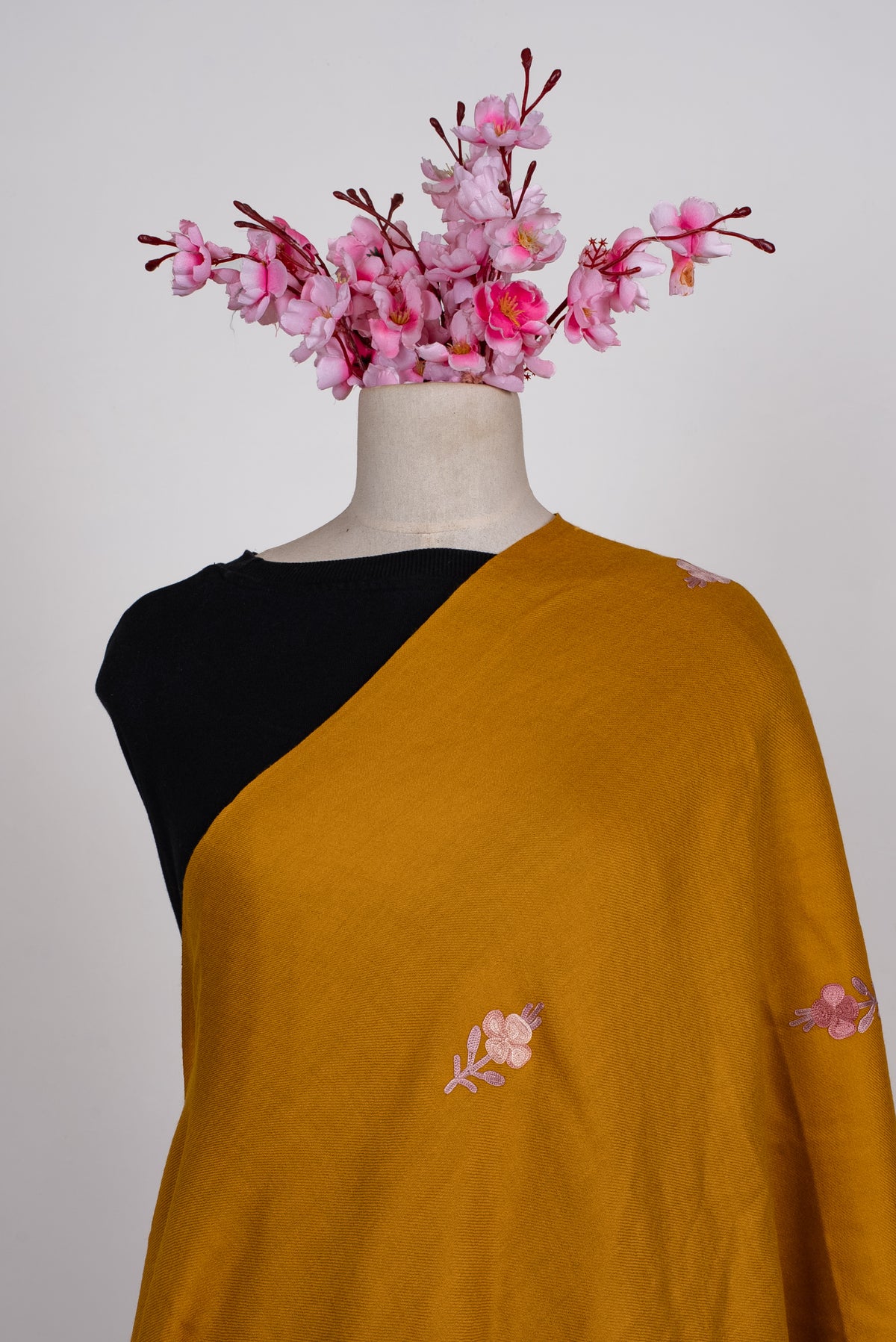 Machine Embroidered Scarf in Mustard with Floral Border Embroidery