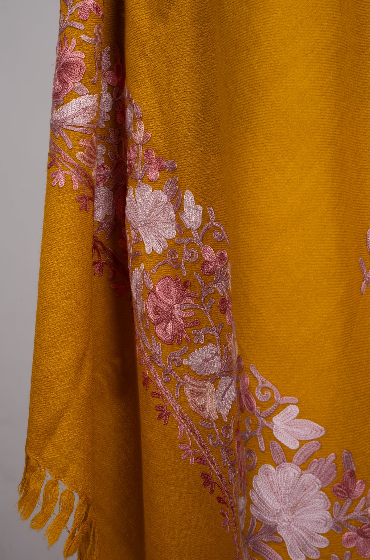 Machine Embroidered Scarf in Mustard with Floral Border Embroidery