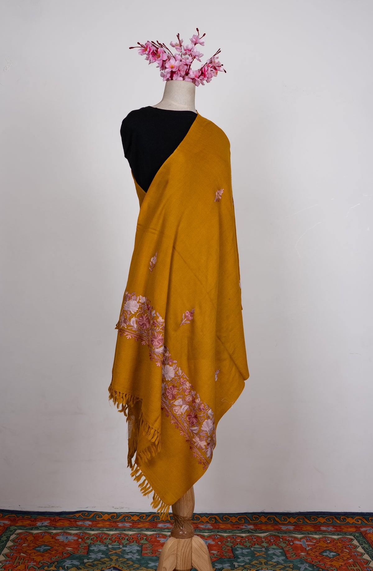 Machine Embroidered Scarf in Mustard with Floral Border Embroidery